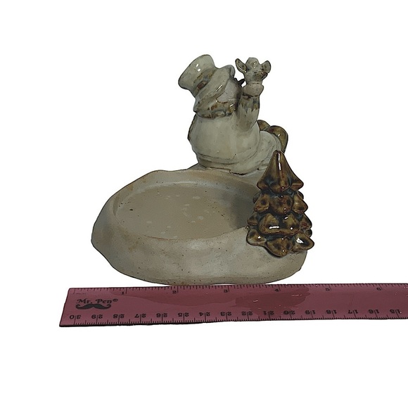 Holiday Candle Holder Set with Snowman Figurine Glazed Ceramic Christmas 2 Piece - Picture 12 of 13